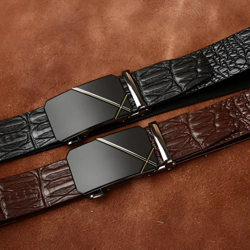 Leather belts with automatic black and silver buckles featuring Brown Crocodile Pattern