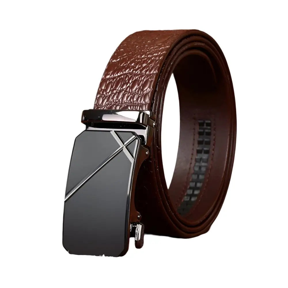 Brown crocodile-patterned leather belt with black and silver buckle for stylish accessory