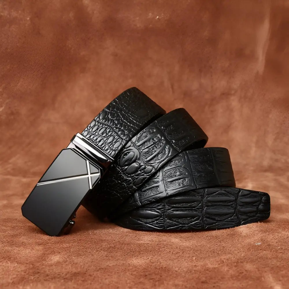 Black crocodile-patterned leather belt with modern black and silver buckle