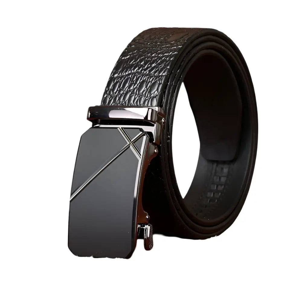 Black leather belt with a silver buckle from Brown Crocodile-Patterned Leather Belt collection