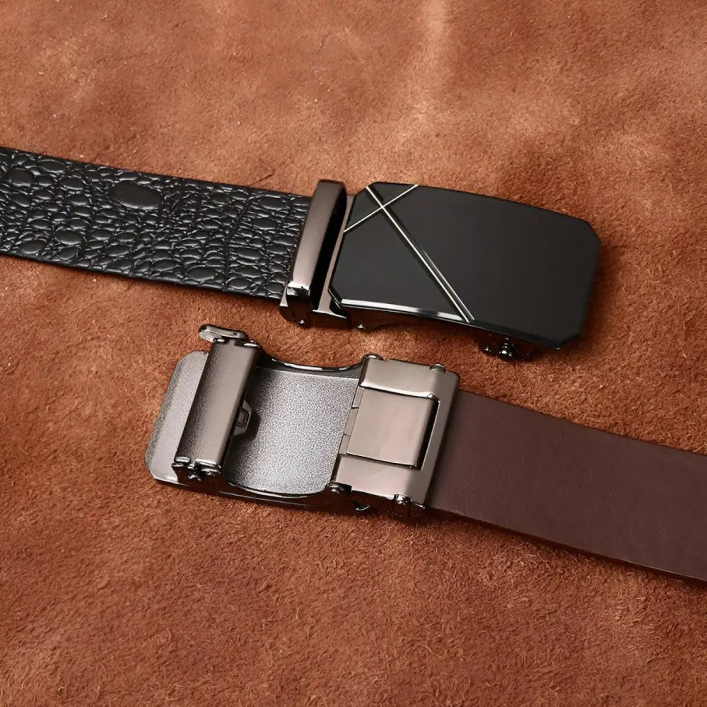 Brown crocodile-patterned leather belt with black and silver metal buckles for men