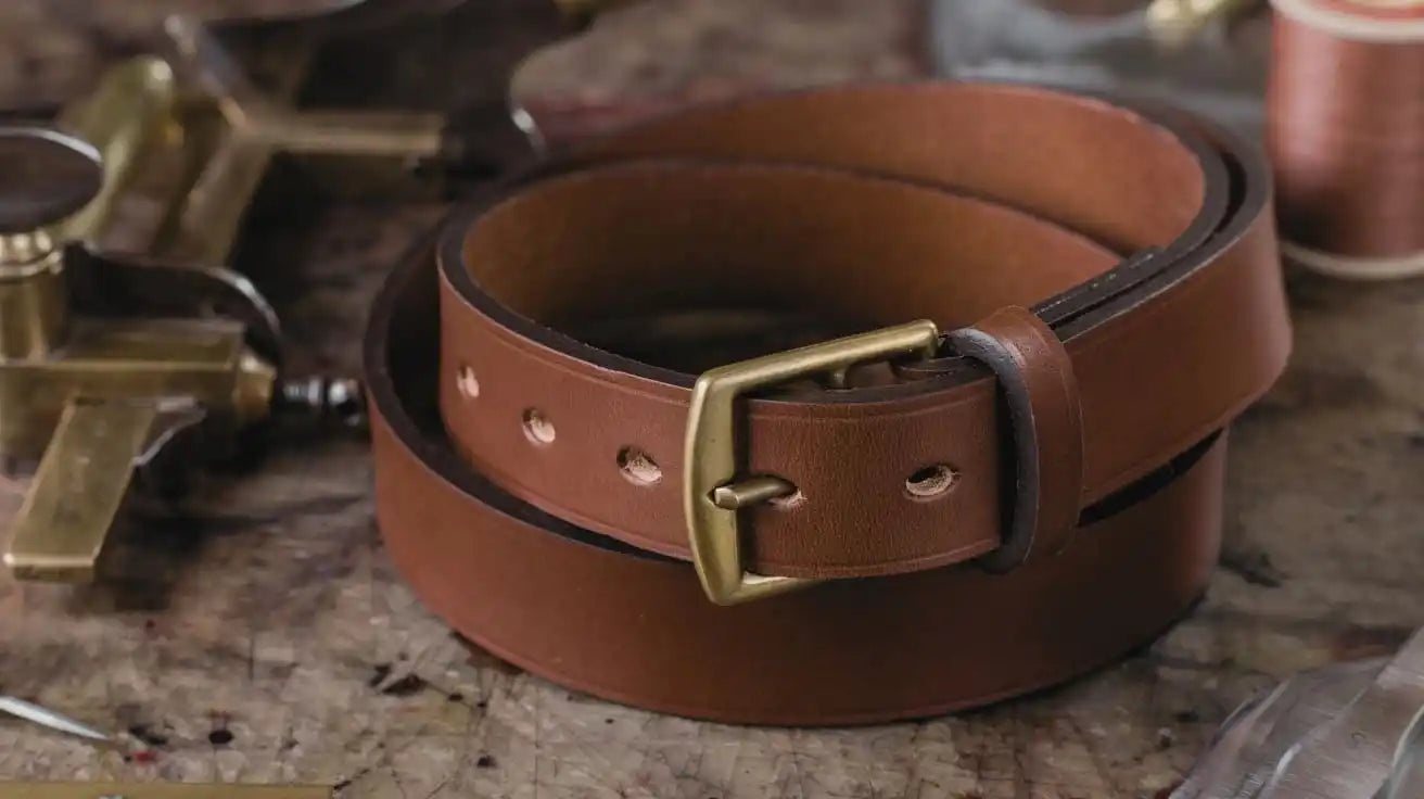 Brown leather belt with brass buckle.