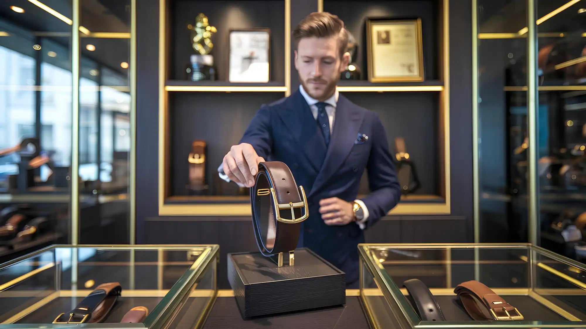 Brown leather belt with gold buckle.