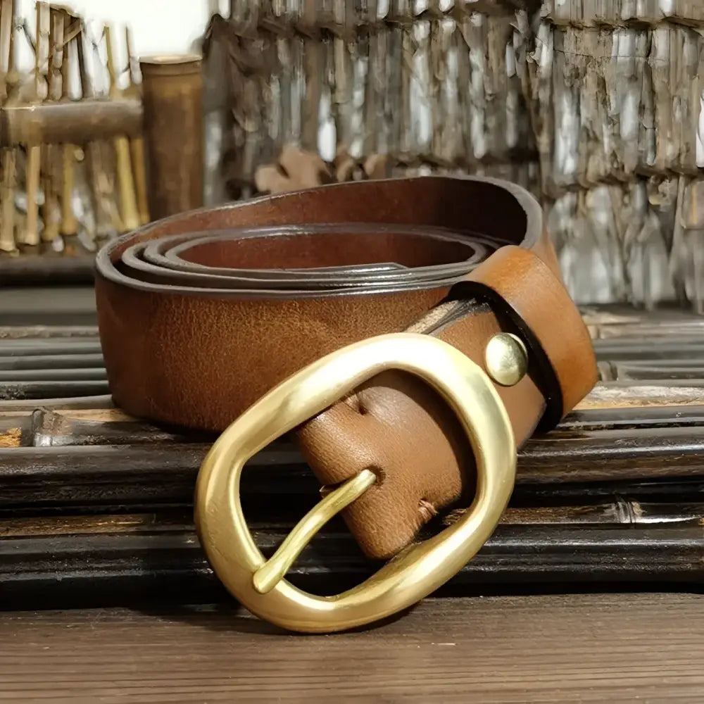 Brown leather belt with brass buckle for a classic style accessory option