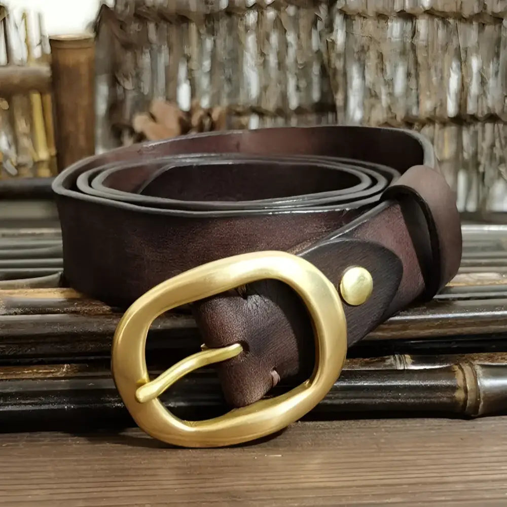 Leather belt with brass buckle for classic style presented in Brown Leather Belt with Brass Buckle