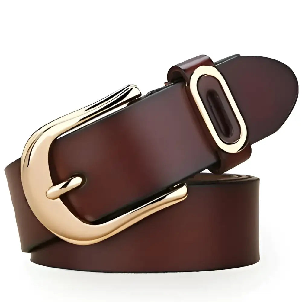 Brown leather belt with gold buckle, stylish accessory for men and women