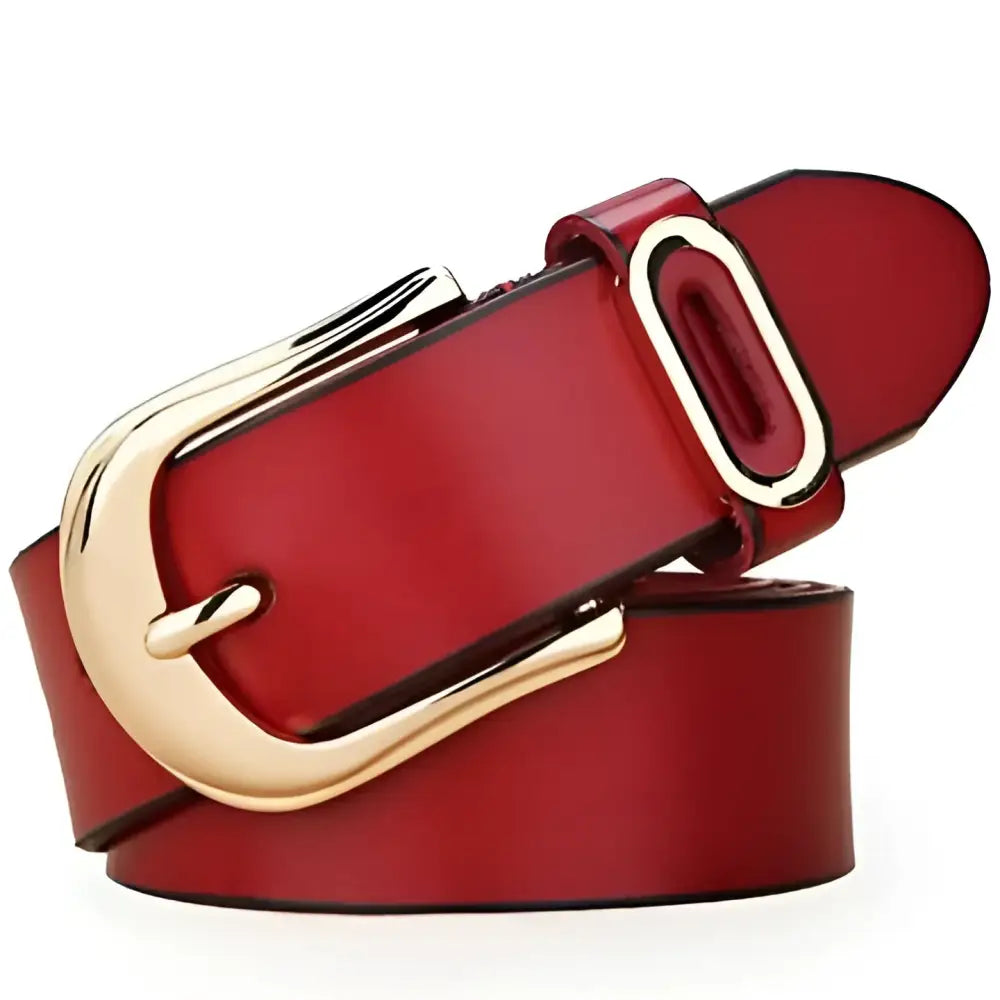 Red leather belt with gold buckle suitable for fashion accessories and stylish wear