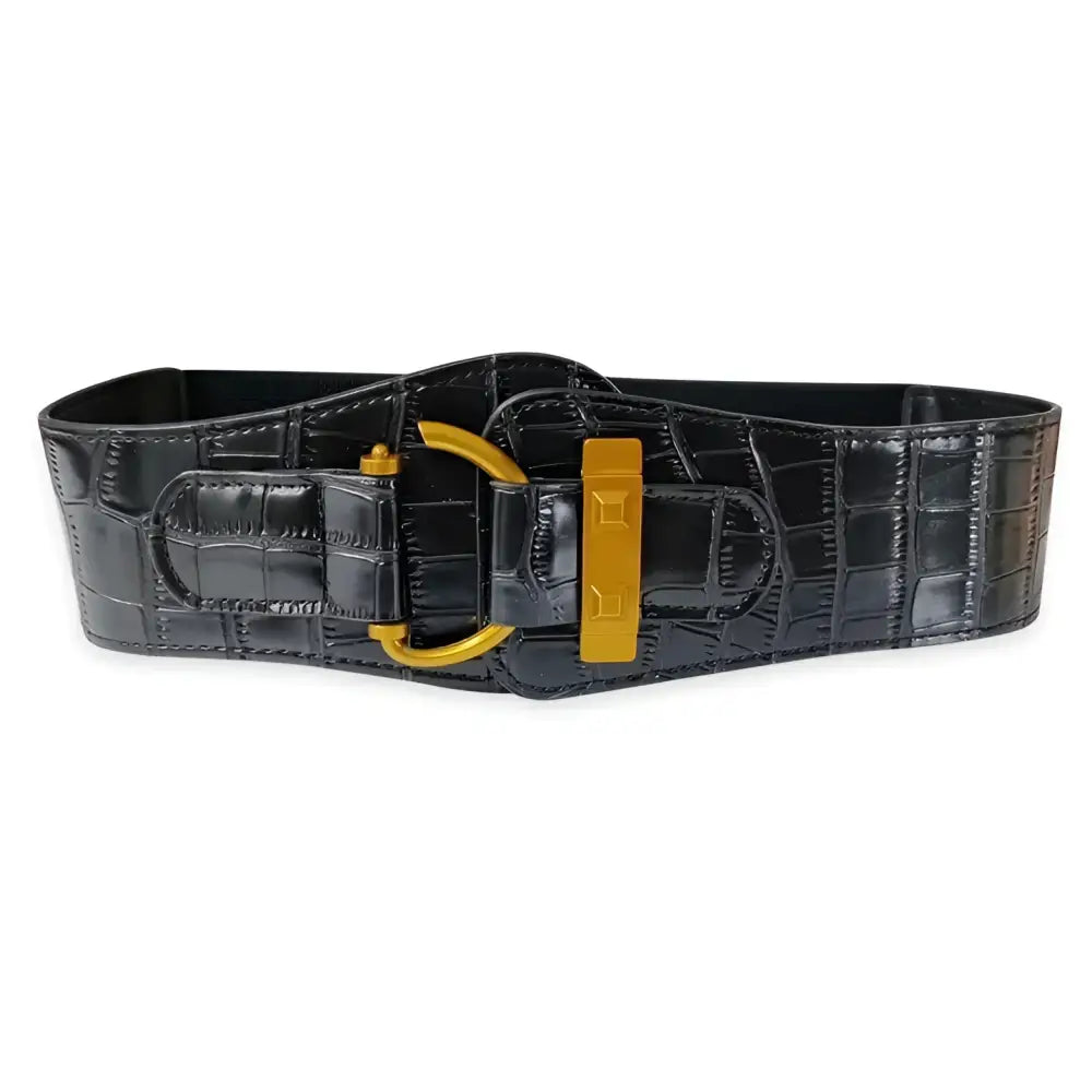 Black crocodile-patterned belt with gold buckle from Brown Leather Belts and Teddy Bear Coat collection