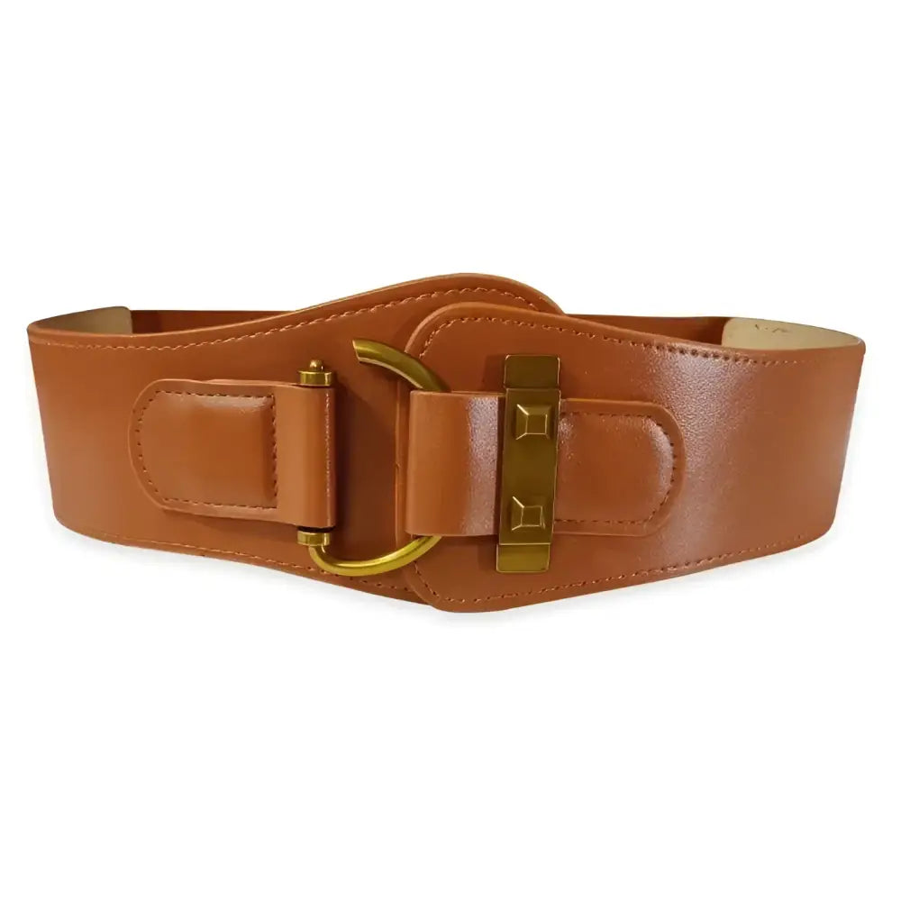 Brown faux leather belt with a gold buckle featured in Brown Leather Belts and Teddy Bear Coat
