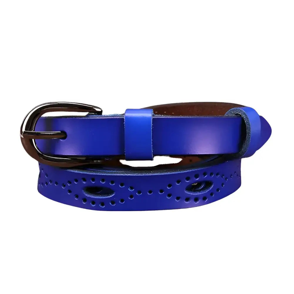 Blue leather belt with decorative perforations in Caia Genuine Leather product collection