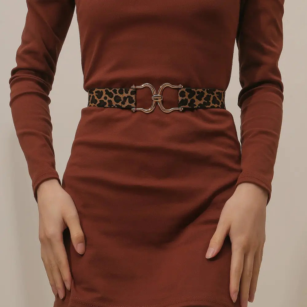 Brown dress with leopard print belt and gold buckle for stylish women’s fashion