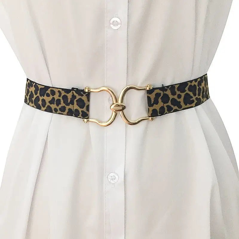 Leopard print belt with gold buckle featured on Brown Dress with Leopard Print Belt