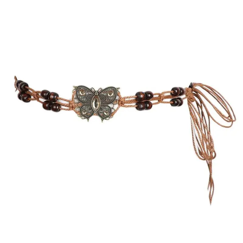 Brown beaded belt with butterfly accent and waxed cotton for ara belt style