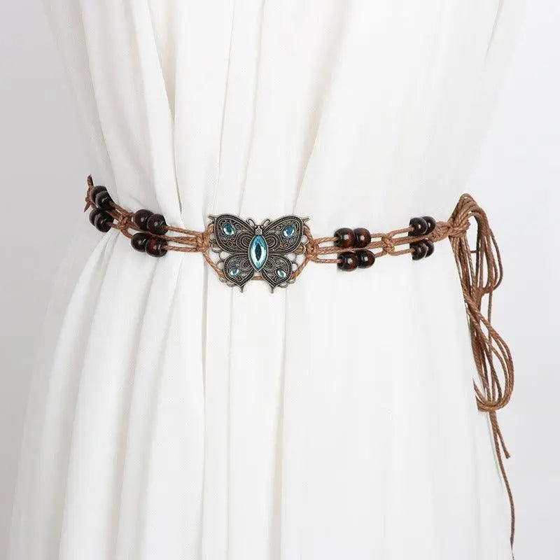 Butterfly-adorned beaded belt with waxed cotton for stylish accessory accents