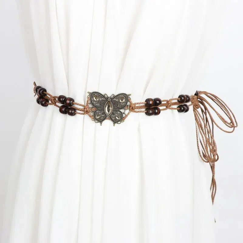 Brown beaded butterfly belt with waxed cotton for stylish accessory enhancement