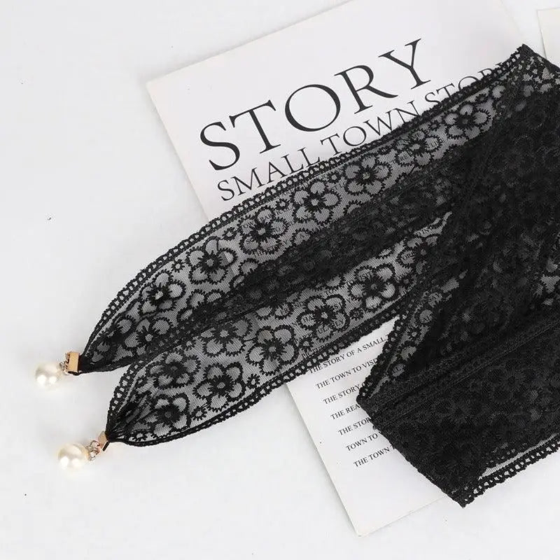 Black floral lace tie belt with pearl accents and matching headband accessory