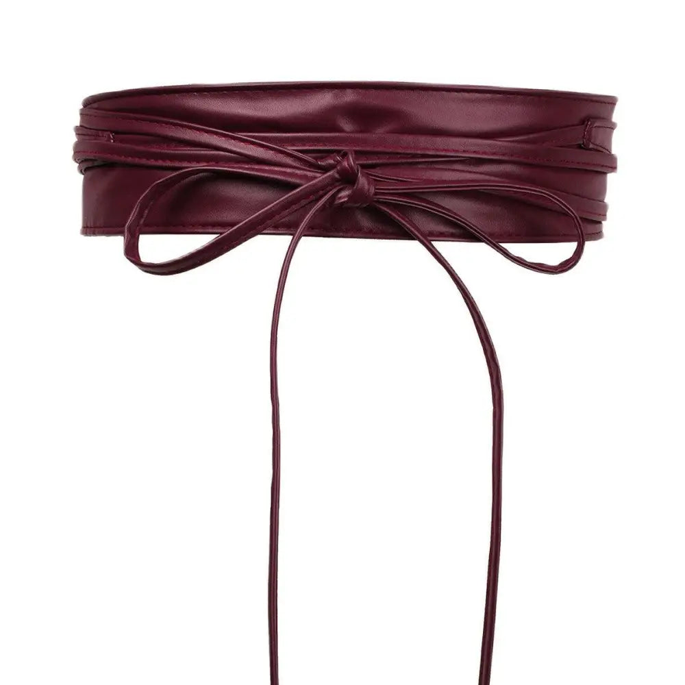 Maroon leather obi belt featured with Red Floral Dress and Isabel Belt accessory