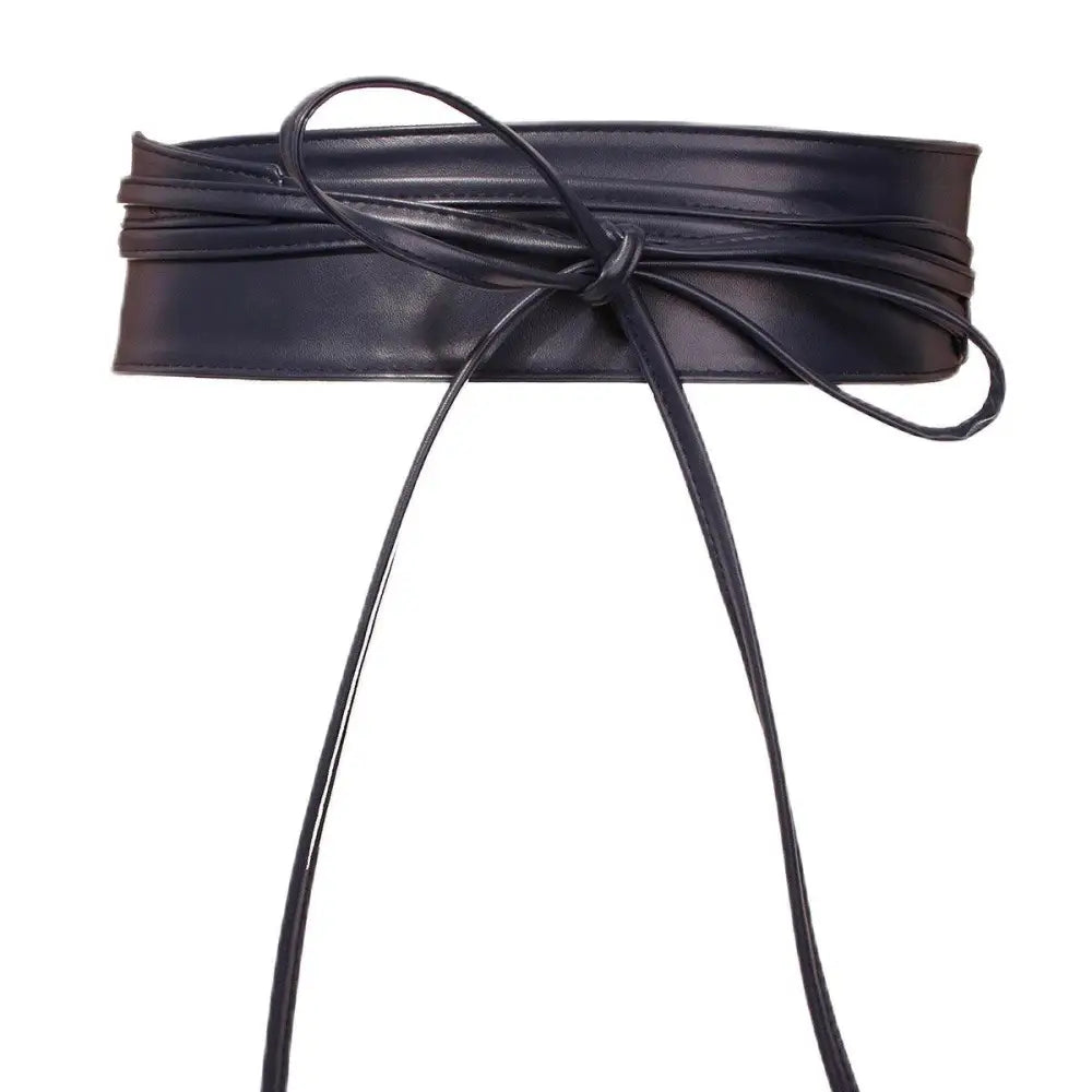 Dark blue leather isabel belt with tie featured in Red Floral Dress with Isabel Belt and Brown Leather Obi