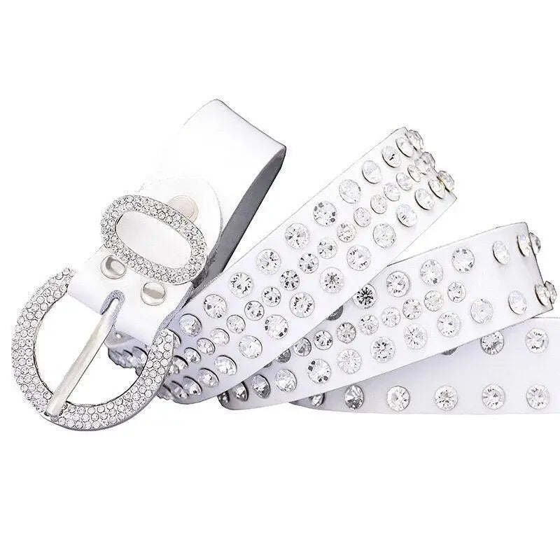 White rhinestone belt from Allisa Model with studded black and white leather design