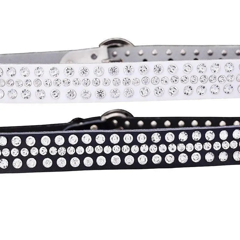 Allisa Model rhinestone belts in black and white leather with studded design