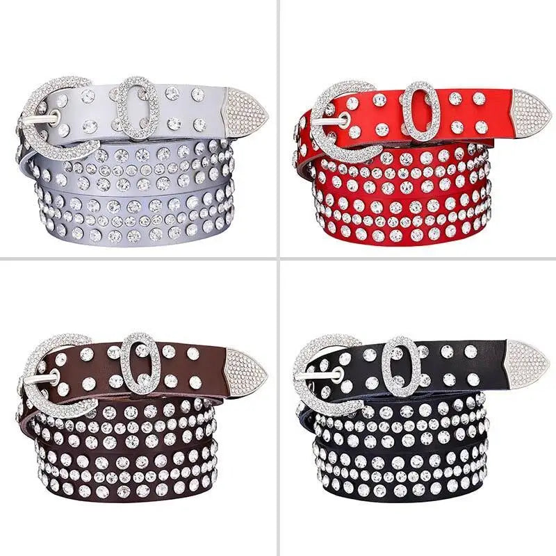 Allisa Model rhinestone belt collection featuring black and white leather studded designs