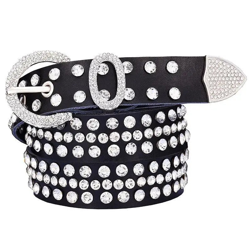 Allisa Model rhinestone belt in black with studded leather design