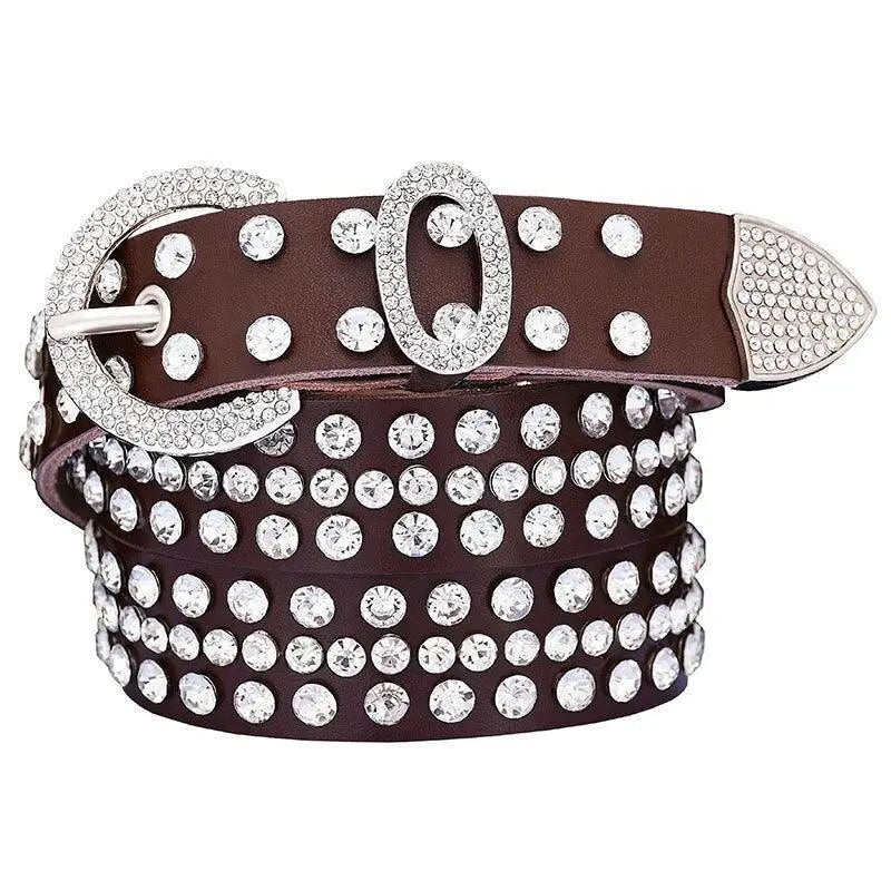 Allisa Model rhinestone belt in brown leather with rhinestone embellishments