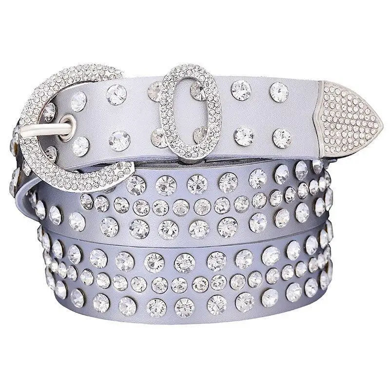 Silver rhinestone belt from the Allisa Model with leather and studded design