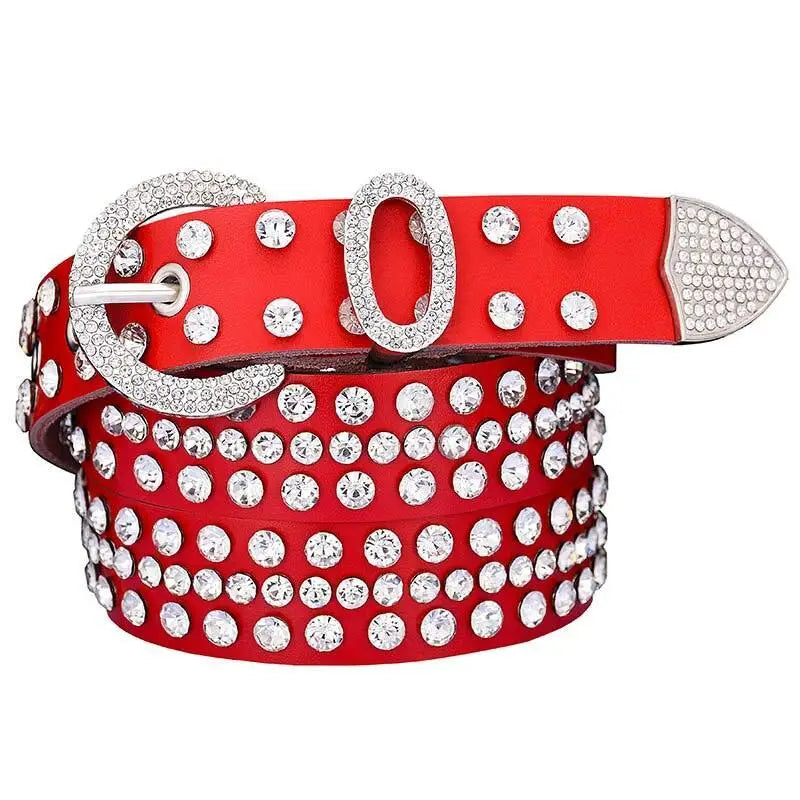 Red rhinestone-studded belt from Allisa Model Rhinestone Belts collection