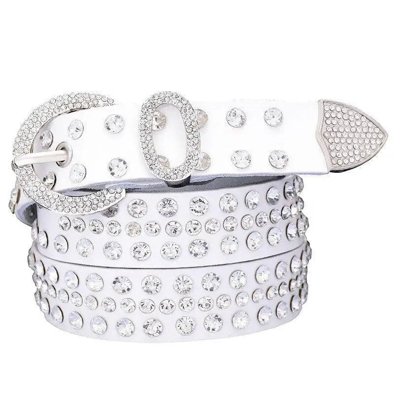 White rhinestone belt from Allisa Model featuring studded black and white leather