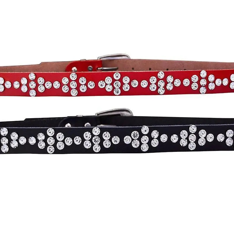 Women’s leather rhinestone belts in black and red with sparkling rhinestone detailing