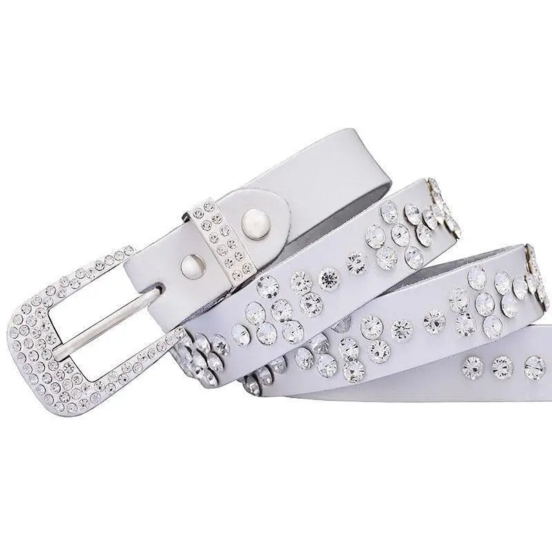 White rhinestone-studded leather rhinestone belt from women’s leather rhinestone collection