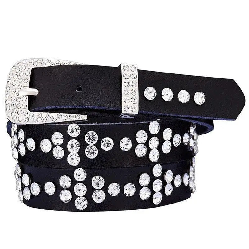 Black women’s leather rhinestone belt with rhinestone embellishments for stylish wear