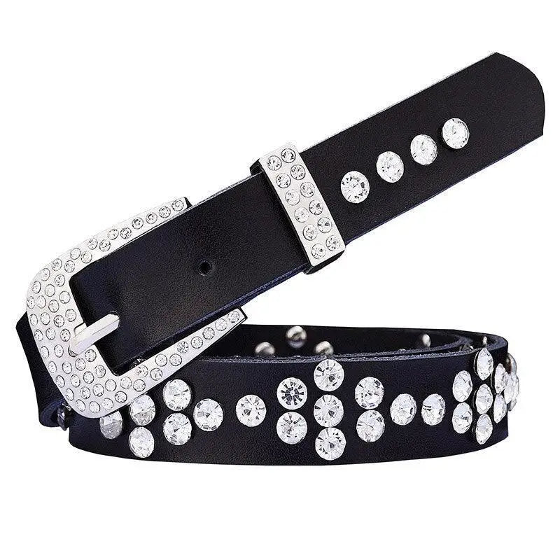 Black leather rhinestone belt with embellishments from Women’s Leather Rhinestone Belts collection