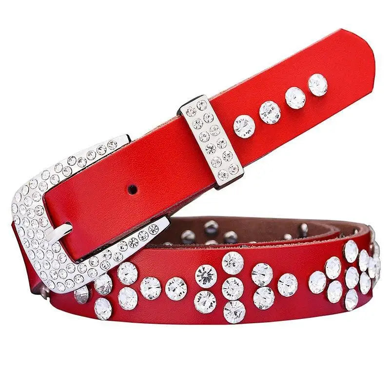 Red leather rhinestone belt with embellishments from Women’s Leather Rhinestone Belts collection