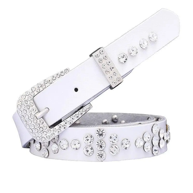 White leather rhinestone belt with embellishments for women’s leather rhinestone accessories