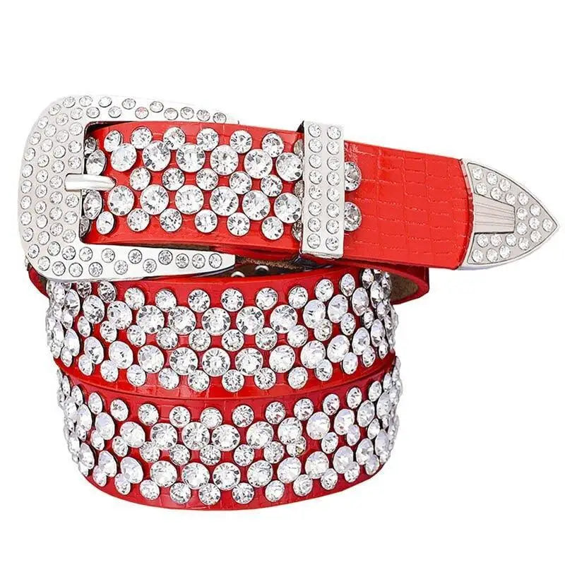 Red rhinestone-studded leather rhinestone belt from Black and Red Leather Rhinestone Belts with embellishments
