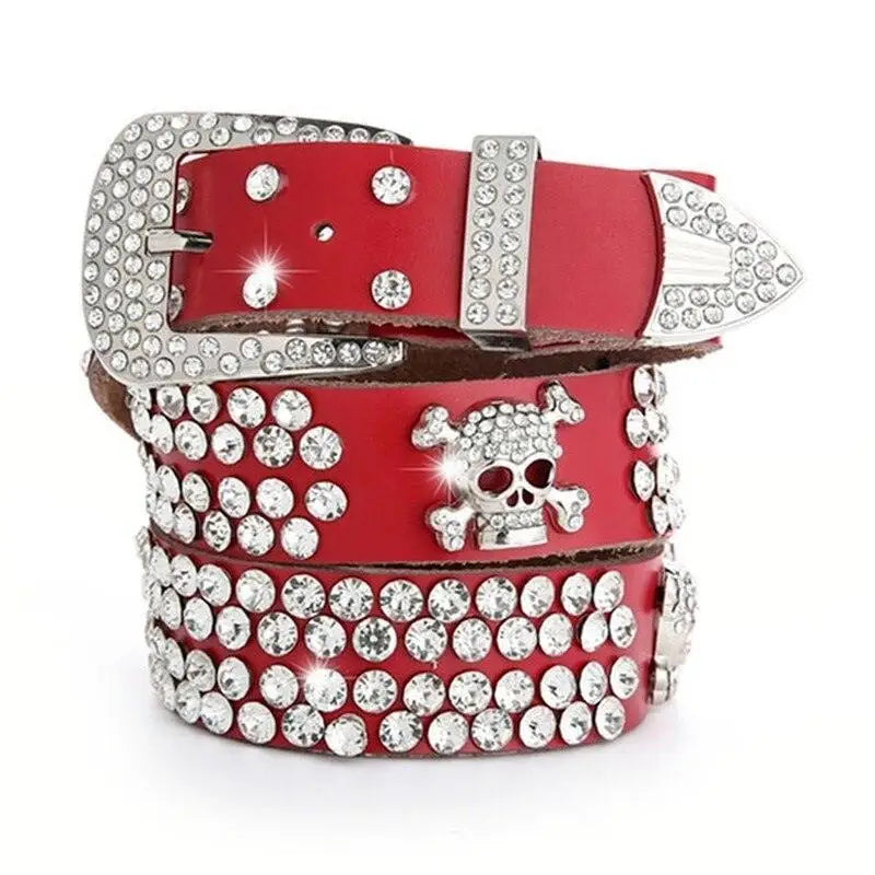 Red leather belt with rhinestones and skull detail from Zephyr Rhinestone Belt collection