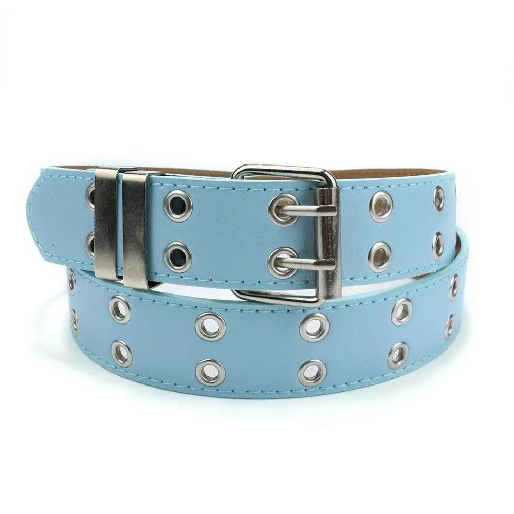 Light blue grommet belt made of faux leather featured in the Colorful Double-Grommet Grommet Belt for Women