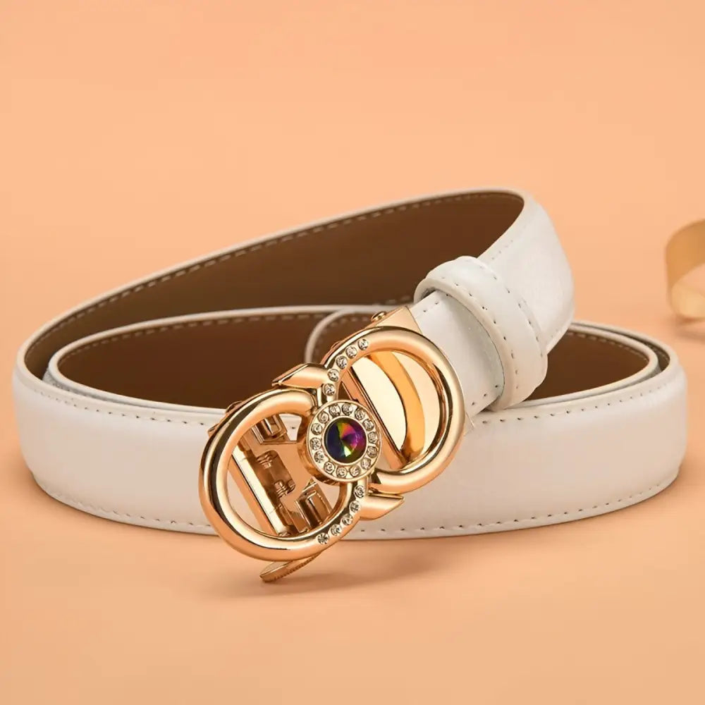 White leather belt with jeweled gold buckle for elegant footwear accessories
