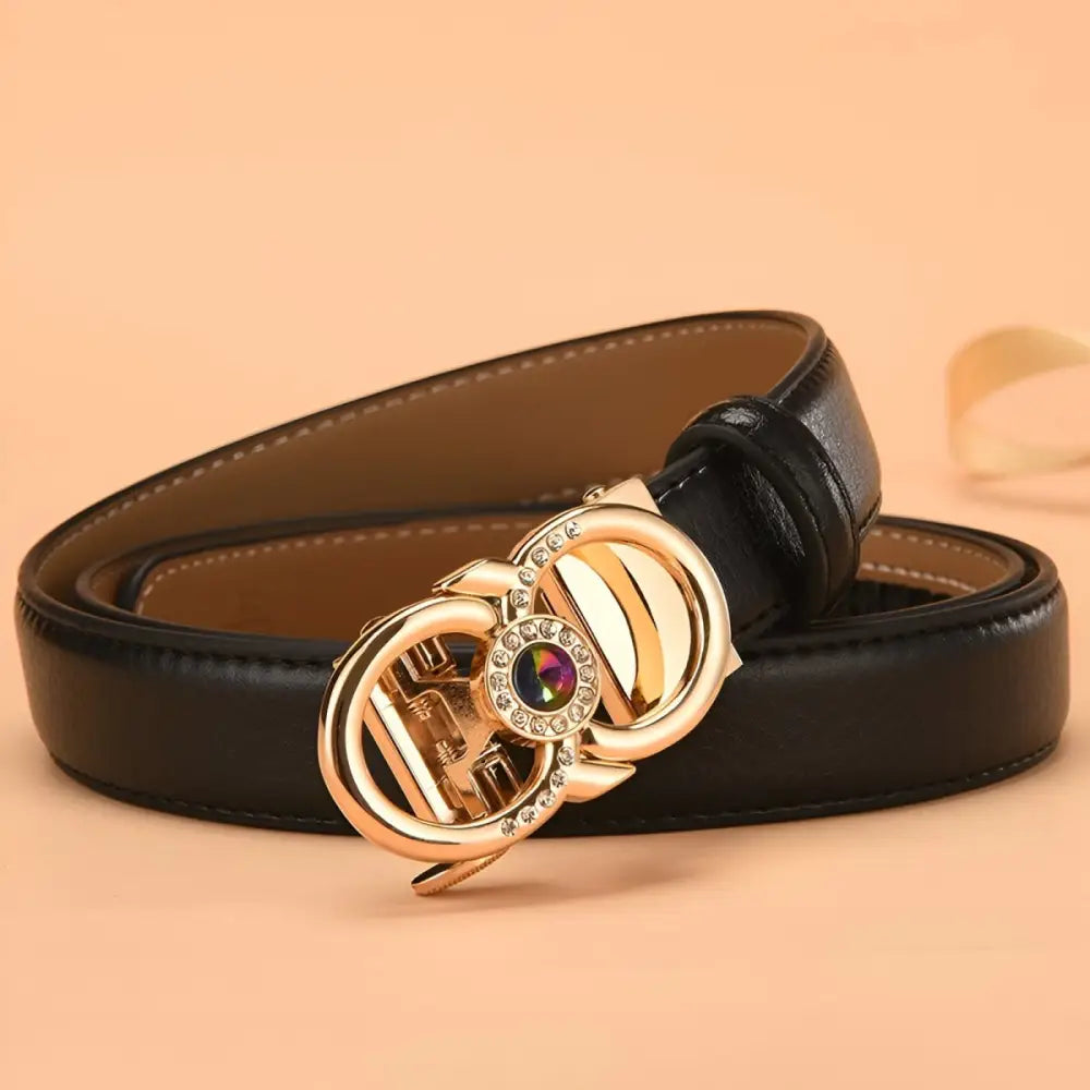 Black leather belt with a gold buckle, part of the Red Leather Belt with Jeweled Gold Buckle product range