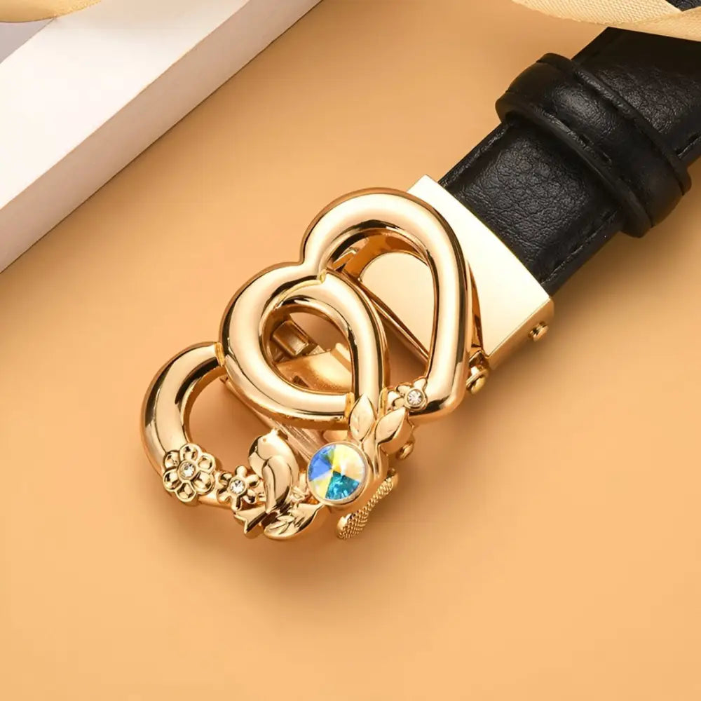 Automatic leather belt with gold heart-shaped buckle for stylish fashion accessories