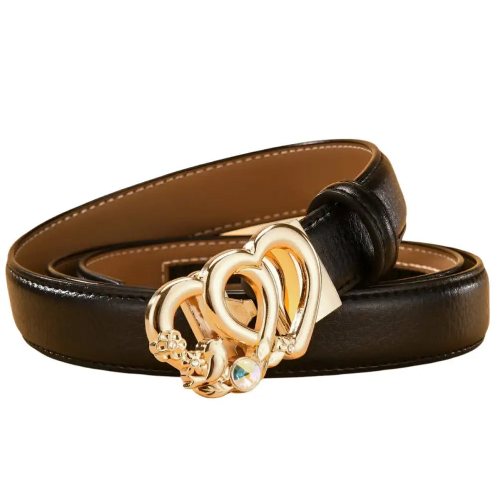 Black leather belt with a gold heart-shaped buckle, automatic leather belt for style
