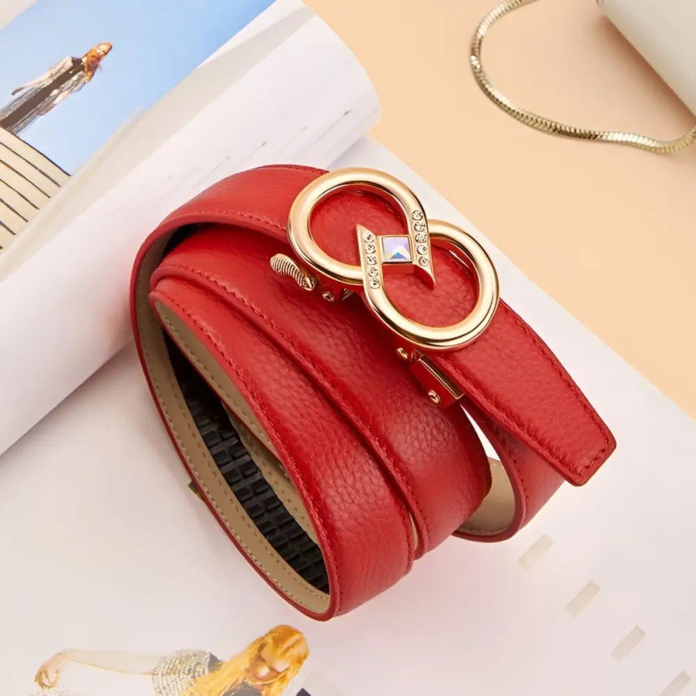 Red leather belt with gold buckle from Set of Leather Belts with Gold Buckles and Rhinestone Accents