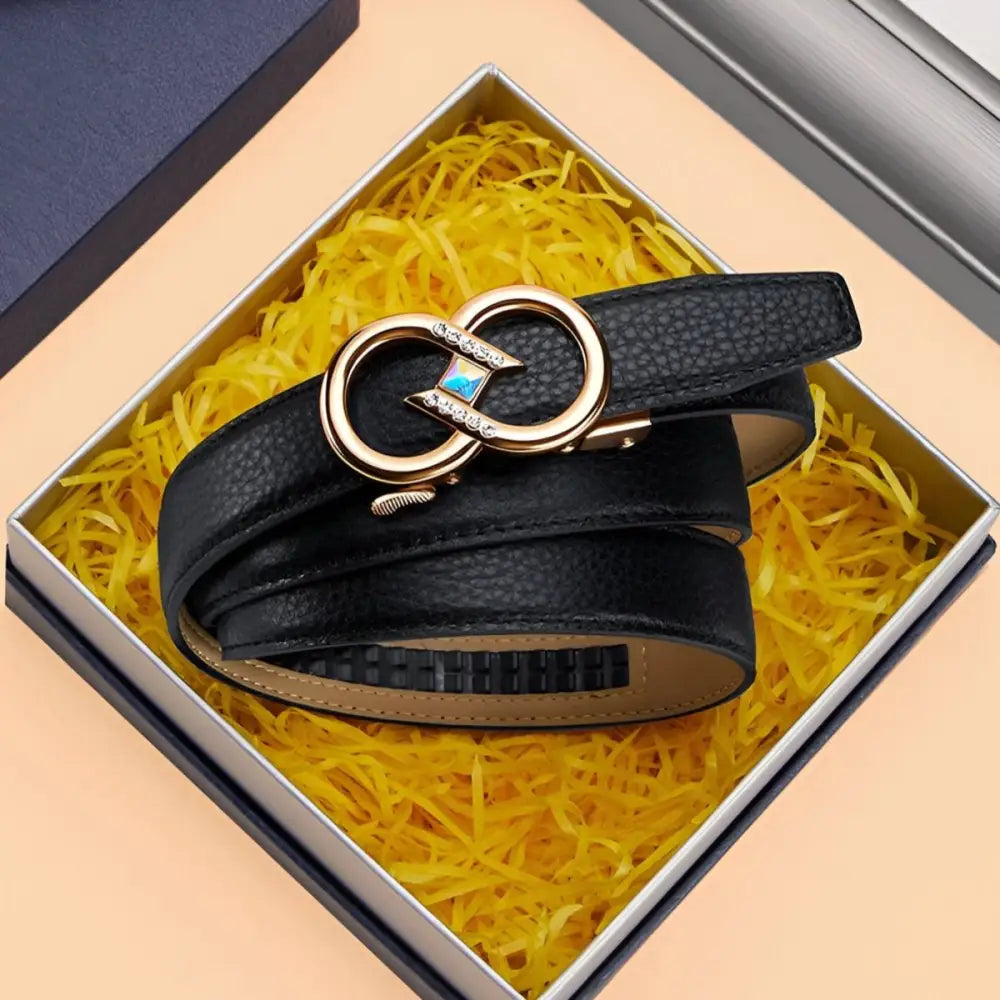 Black leather belt with gold buckle from Set of Leather Belts with Gold Buckles and Rhinestone Accents
