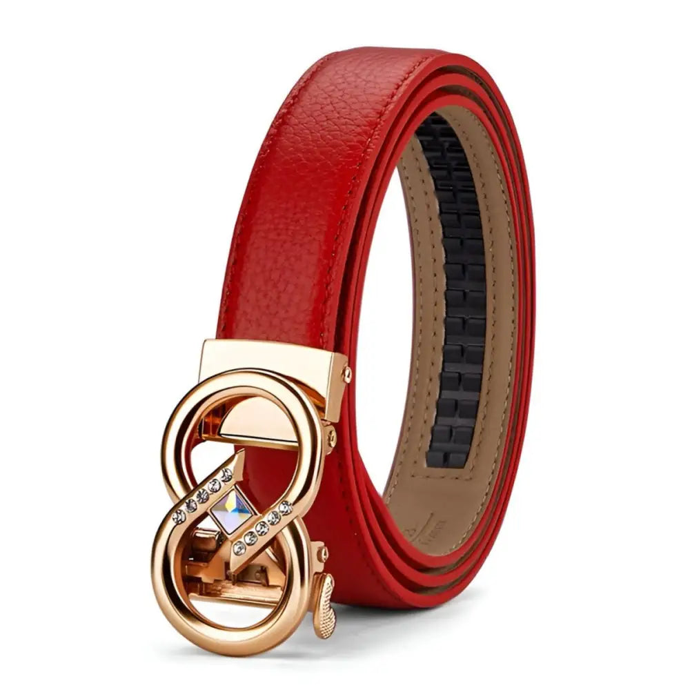 Red leather belt with infinity buckle featured in Set of Leather Belts with Gold Buckles and Rhinestone Accents