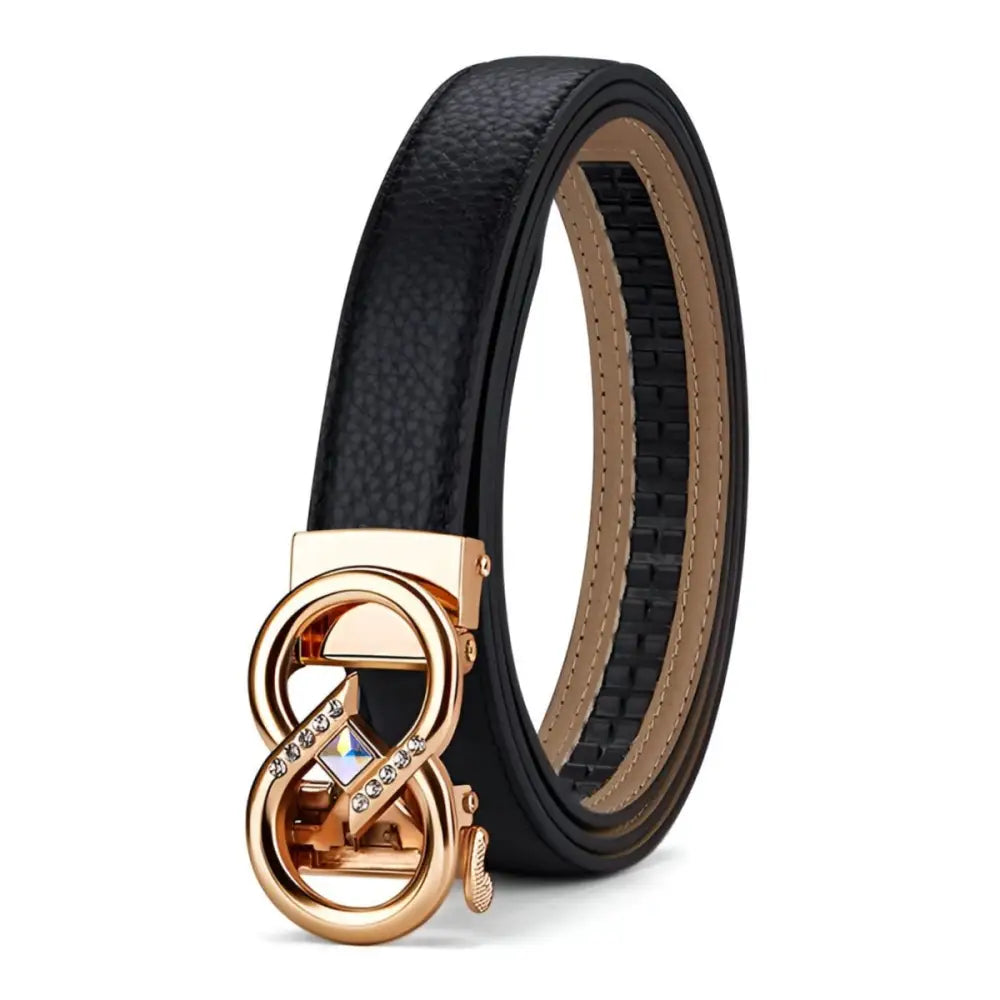 Black leather belt with gold infinity buckle from Set of Leather Belts with Gold Buckles and Rhinestone Accents
