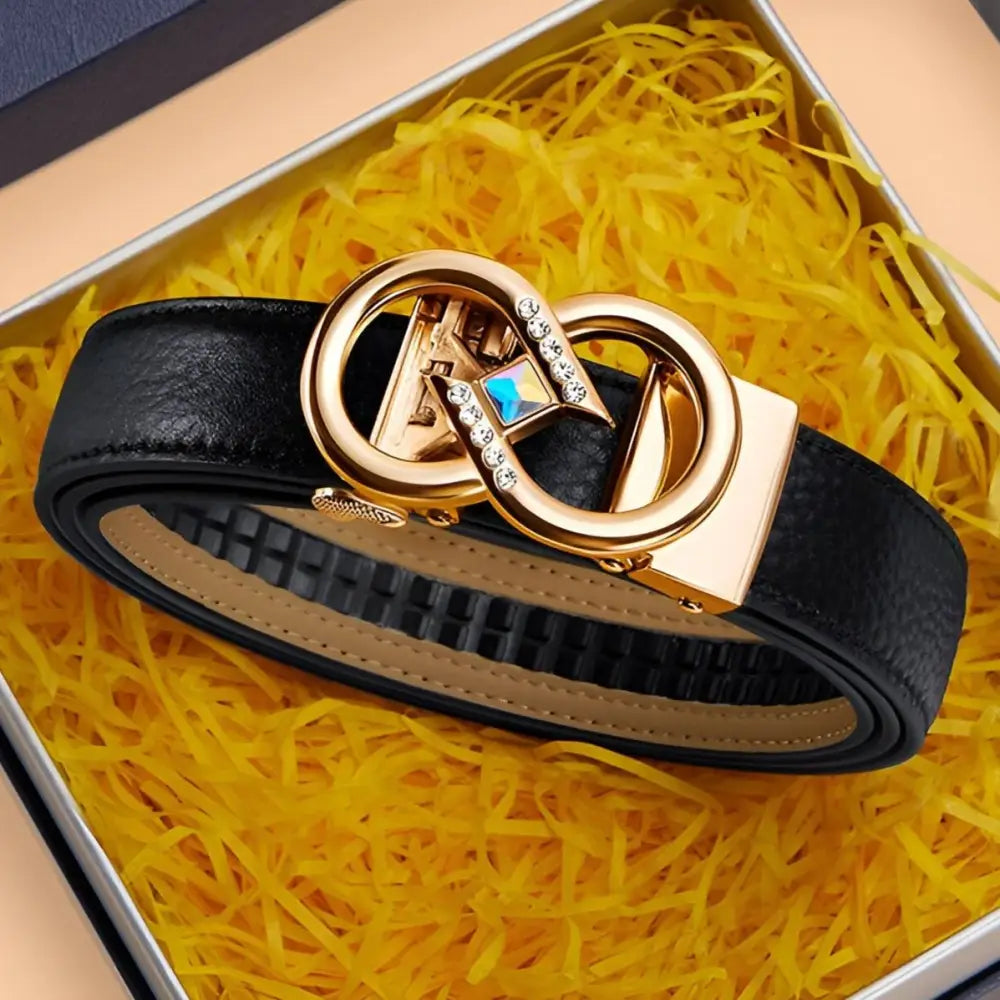 Black leather belt with a gold buckle from the Set of Leather Belts with Gold Buckles and Rhinestone Accents