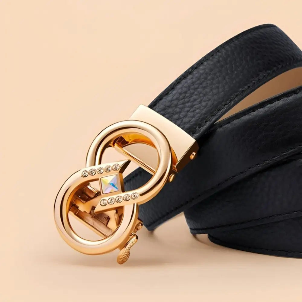 Black leather belt with a gold jeweled buckle from Set of Leather Belts with Gold Buckles and Rhinestone Accents