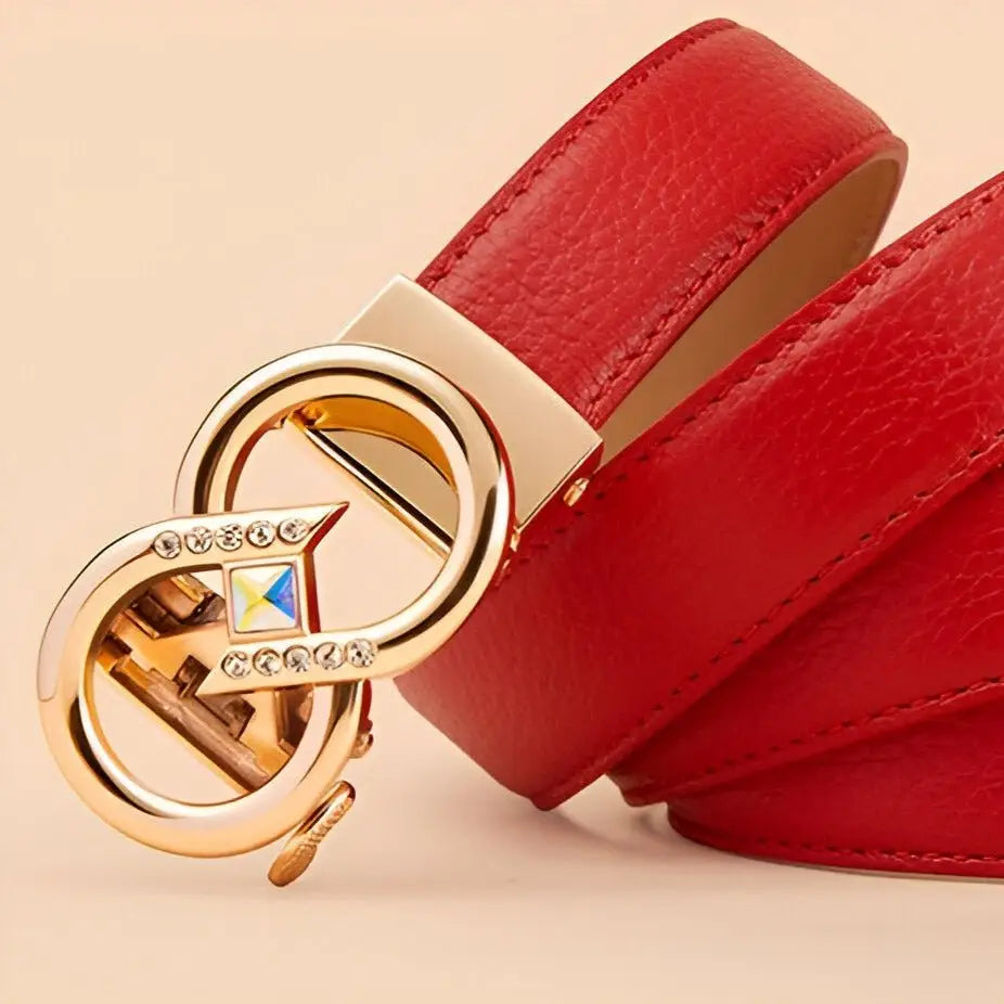 Red leather belt with a gold buckle from the Set of Leather Belts with Gold Buckles and Rhinestone Accents